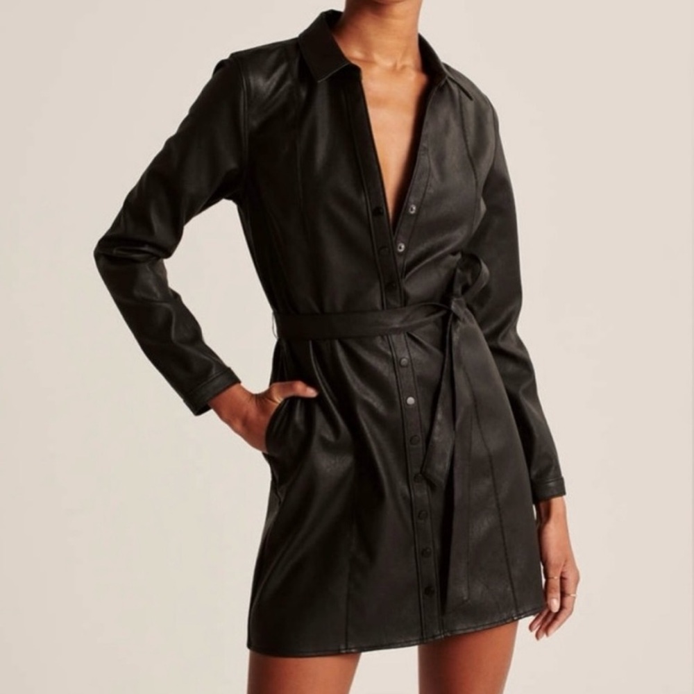 Abercrombie & Fitch Black Vegan Leather Shirt Dress